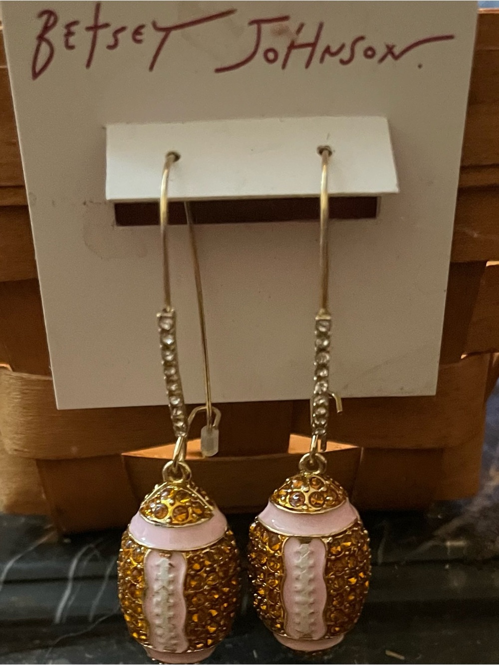 Betsey Johnson Pink and Amber Crystal Football Theme Drop Earrings NWT - Picture 2 of 3